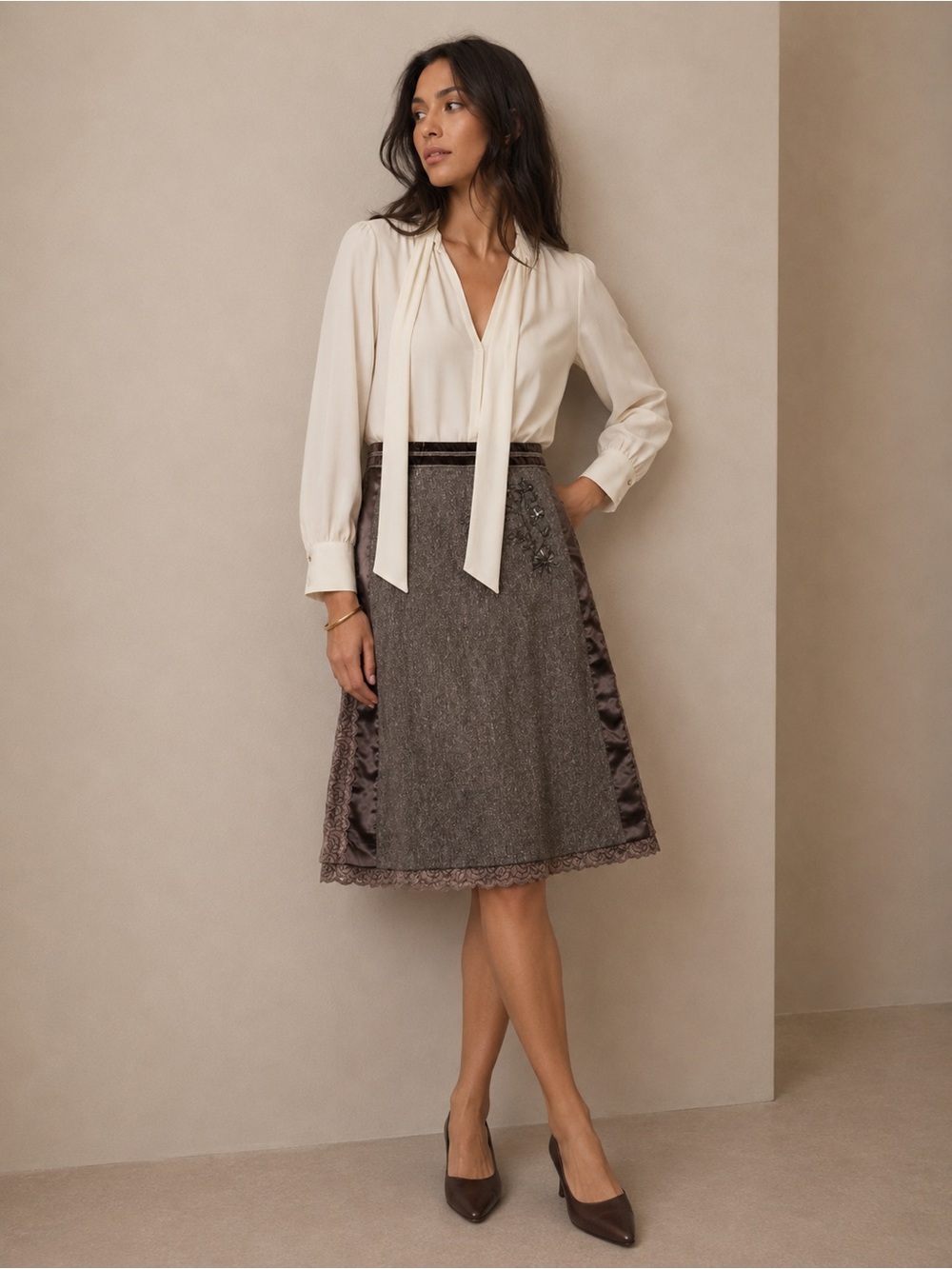 Tyler Boe Chocolate A-Line Tweed Skirt with Lace Detail Size 10